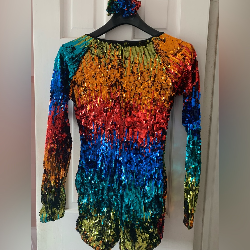 Weissman multi colored Sequin long sleeve dance costume bodysuit shorts style